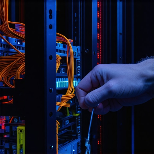 Unutrašnjost server rack-a sa kablovima i rukom tehničara