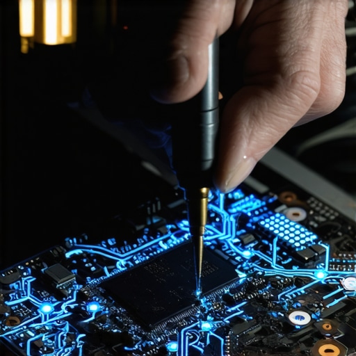 Popravka ML modela u radionici Tehničar popravlja AI hardver u tamnoj radionici sa neonskim svjetlima