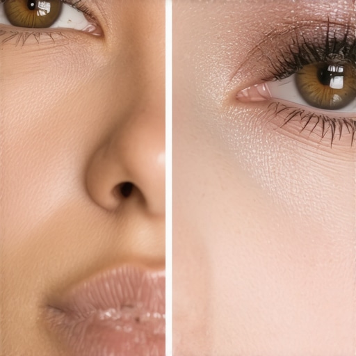 Lijeva strana lica sa podočnjacima naspram desne strane sa AI korekcijom šminke