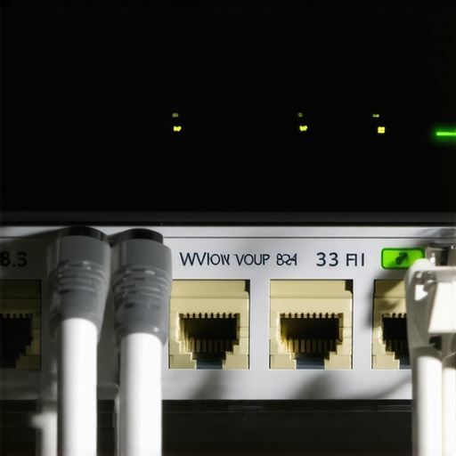 Postavljanje sigurnosne mreže na ruteru Zadnja strana rutera sa kablovima i upaljenim lampicama u tamnoj sobi