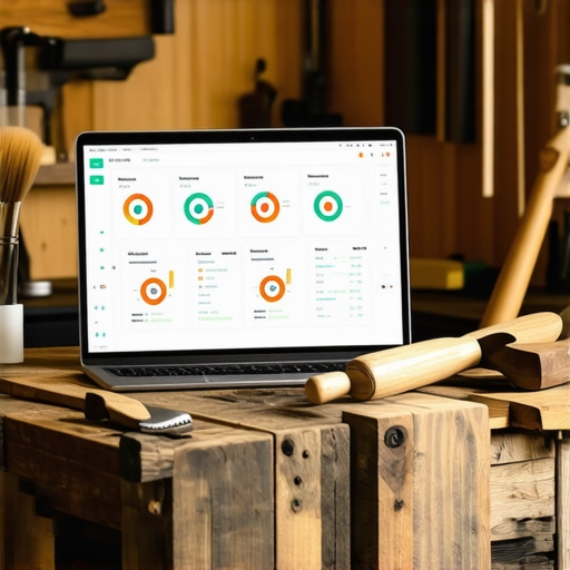 Power BI dashboards and AI visualizations on a laptop screen next to traditional woodworking tools on a workbench.