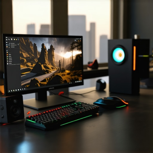 Pro AI Studio Setup for Virtual Calls High-end PC setup for professional AI virtual backgrounds with lighting and webcam.