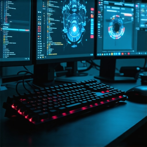 Radna stanica prompt inženjera 2026 High-tech radni prostor za AI inženjering sa fokusom na tastaturu i monitore