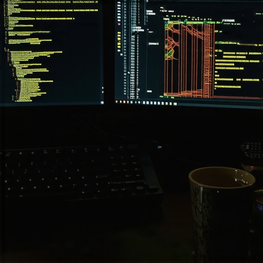 Radni prostor modernog AI operatera Digitalni radni sto sa monitorima i kodom u industrijskom okruženju