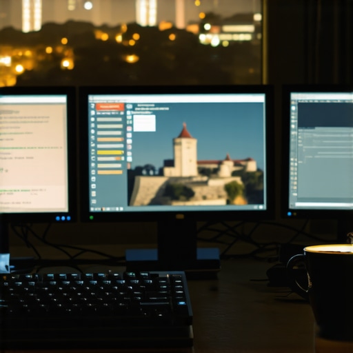 Programerski sto sa kodom na ekranima i pogledom na Beograd noću