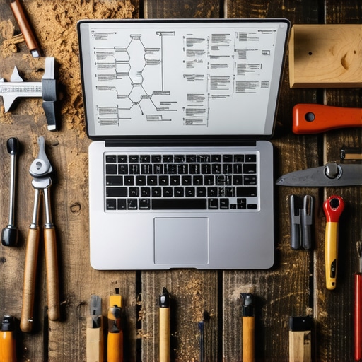 Close-up of a laptop with Random Forest visualization on a messy workbench with tools.