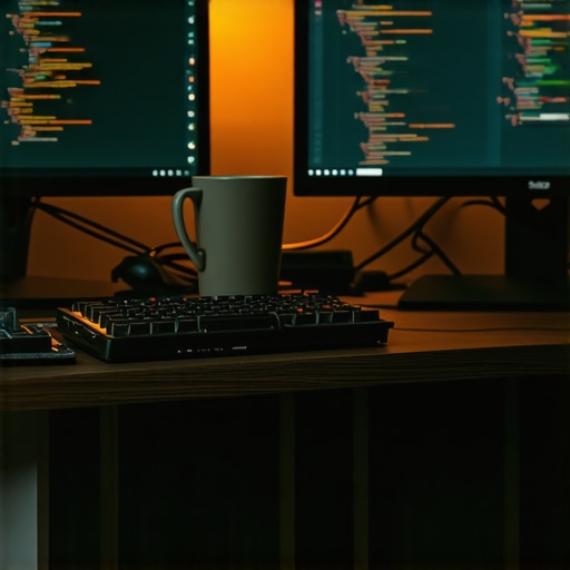 Real AI Workstation 2026 Close up of a messy developer desk with AI code and hardware