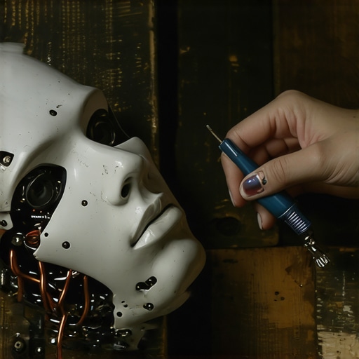 Rastavljena glava robota na radnom stolu sa vidljivim kablovima i alatima