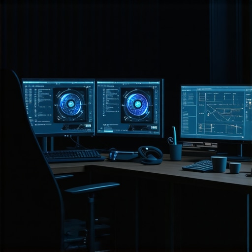 Radni prostor AI inženjera sa moćnim hardverom i kodom na ekranima