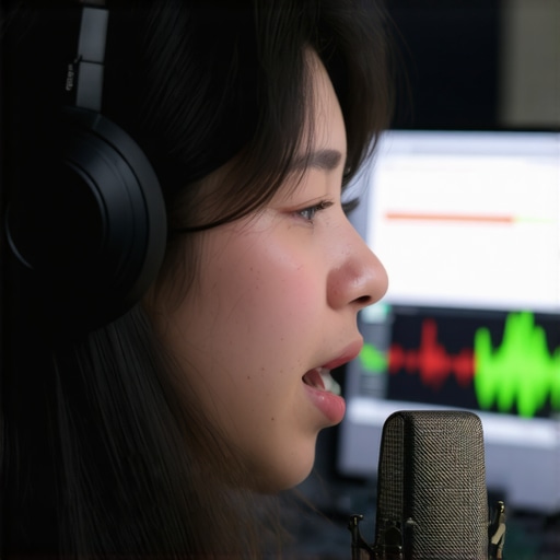 Rosetta Stone AI Voice Analysis Setup Close-up of technical setup for learning languages with AI showing microphone and waveform.