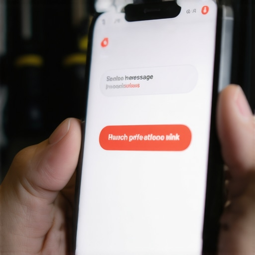 Smartphone screen with a dangerous phishing SMS link in a dark workshop.