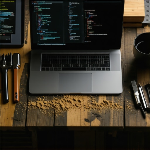 Sinergija starog zanata i AI tehnologije Radni sto sa laptopom i alatom za obradu drveta koji simbolizuje DIY pristup AI automatizaciji