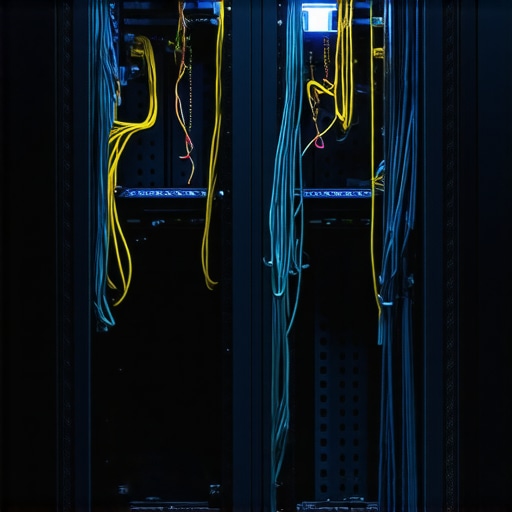 Serveri u tamnoj radionici sa kablovima i plavim svjetlom