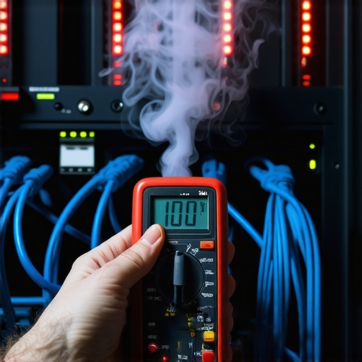 Slika serverskog ormara sa crvenim lampicama i tehničarem koji vrši mjerenja.