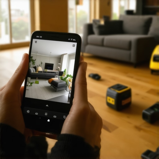 Osoba koristi pametni telefon za 3D skeniranje sobe uz LiDAR tehnologiju i AI mrežni prikaz zidova.