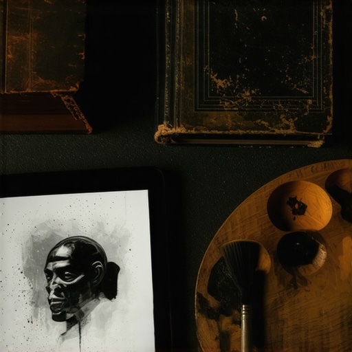 Digitalna umjetnost na tabletu pored stare pravne knjige u mračnoj radionici