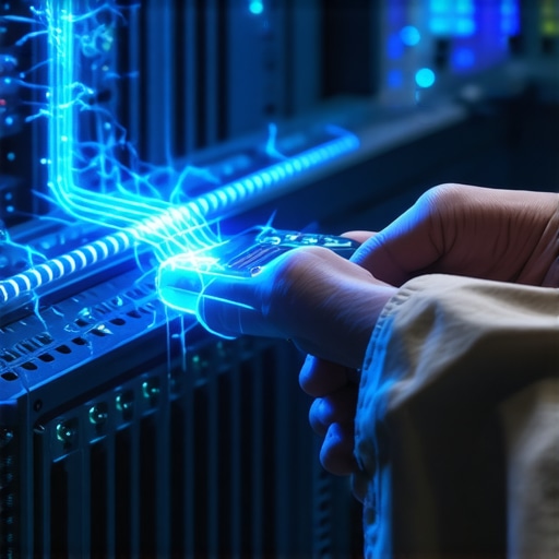 Tehničar provjerava napon na AI serveru sa tečnim hlađenjem u mračnoj prostoriji.