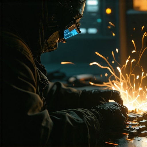 Čovjek testira elektronske komponente u tamnoj radionici