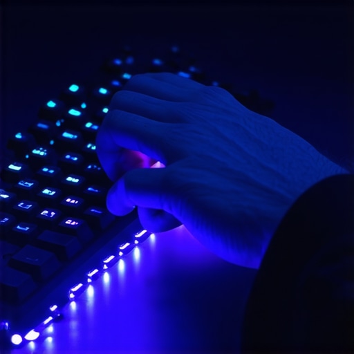 Ruke na mehaničkoj tastaturi u mračnoj radionici sa fokusom na produktivnost