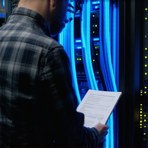 Realističan prikaz serverske sobe sa fokusom na kablove i tehničku dokumentaciju