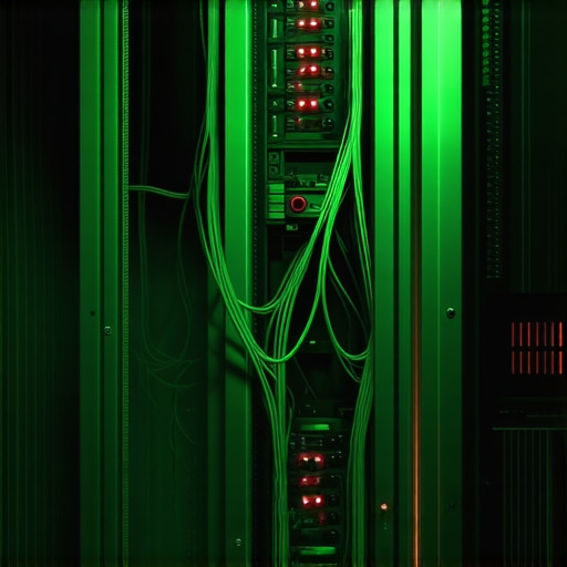 Unutrašnjost botovske farme u 2026. Stari serveri i grafičke kartice u mračnoj prostoriji koji simbolizuju AI manipulaciju izborima.