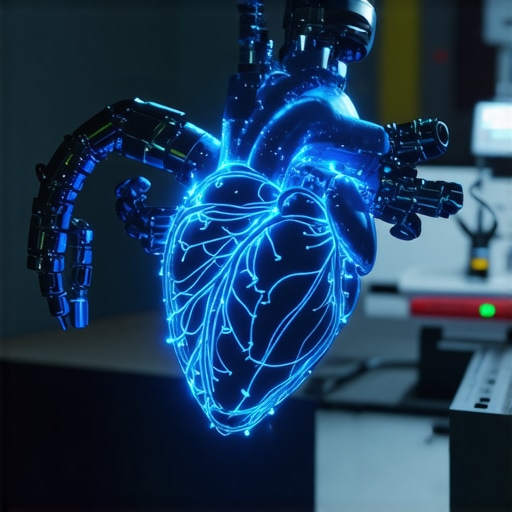 Robot drži svjetleće srce od kablova u mračnoj radionici