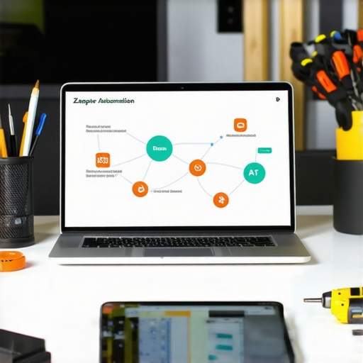 Zapier AI Workflow Setup 2026 Close up of a screen showing Zapier automation steps with AI integration modules and digital tools on a workbench.