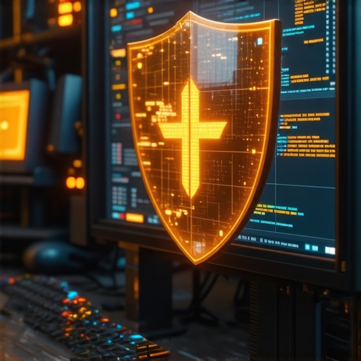 Holografski štit iznad računara koji simbolizuje zaštitu intelektualne svojine u AI eri