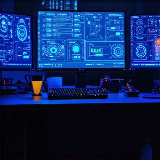 High-tech workstation for AI screenplay writing with multiple monitors and cinematic lighting.