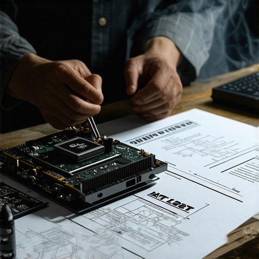 Radni sto AI stručnjaka sa hardverom i pravnom dokumentacijom o AI zakonu