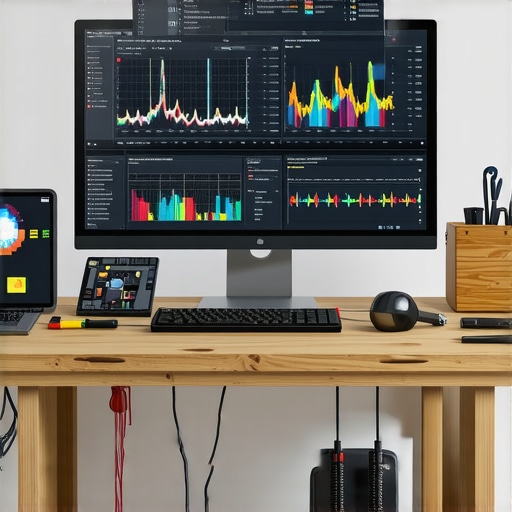 AI Model Performance Testing in Workshop Digital performance metrics displayed next to physical DIY tools on a workbench