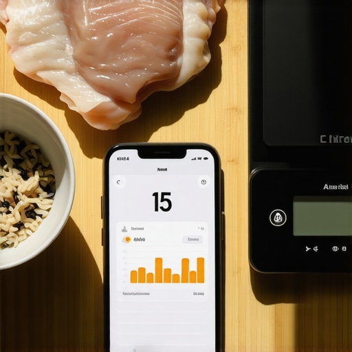 Telefon sa AI planom obroka na kuhinjskom pultu pored vage i namirnica