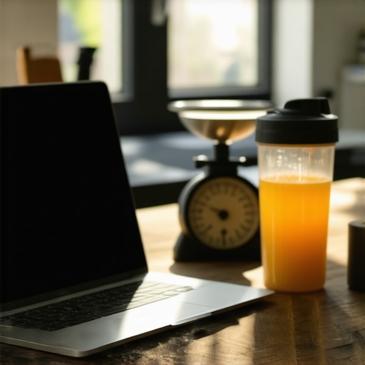 Laptop i kuhinjska vaga na drvenom stolu za planiranje ishrane