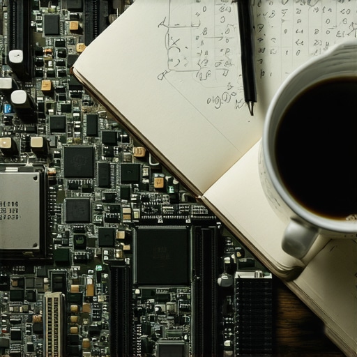 Stara matična ploča i bilješke o mašinskom učenju na radnom stolu.