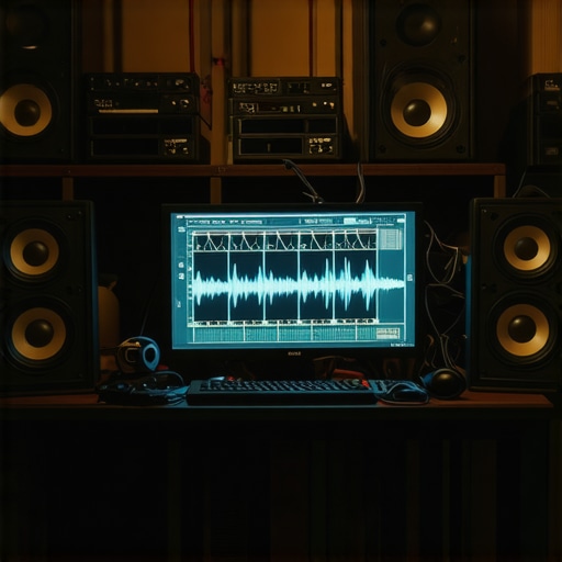 Close-up of a DIY maker workspace for generating AI music with hardware and software integration.