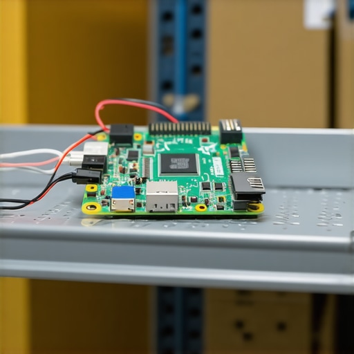 Raspberry Pi sensor mounted on a warehouse shelf for AI inventory tracking