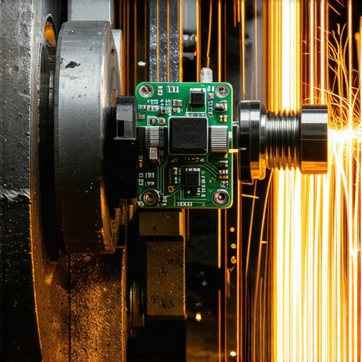 ESP32-S3 mikrokontroler povezan na industrijsku mašinu u tamnoj radionici