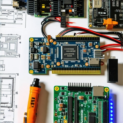Close-up of a DIY electronics workbench featuring a GPU and microcontrollers for local machine learning processing.