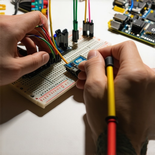 Hands connecting sensors and microcontrollers for a DIY smart home project