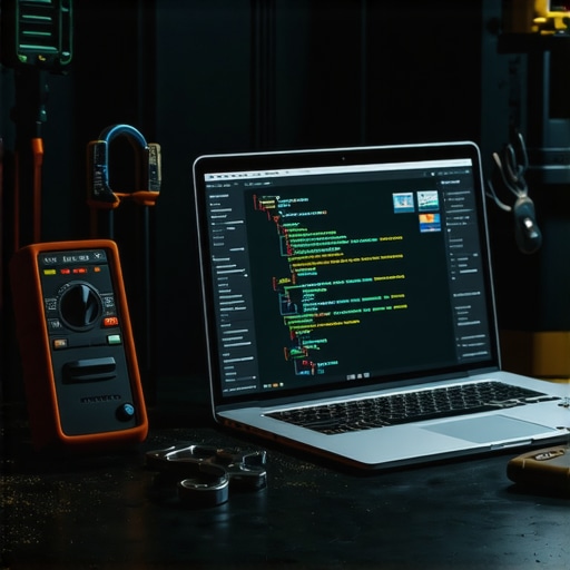 Laptop sa kodom pored mehaničarskog alata na drvenom stolu