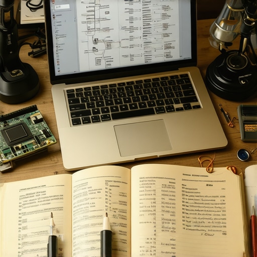 Inženjerski sto sa laptopom i tehničkom dokumentacijom za AI patent