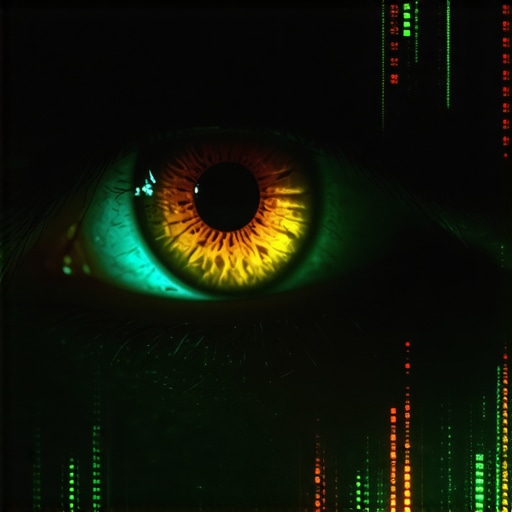 Krupni kadar oka koji reflektuje digitalni glitch i AI generisane vijesti