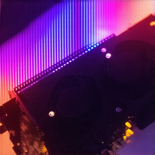 Close-up of a powerful graphics card processing AI data in a DIY workshop setting.