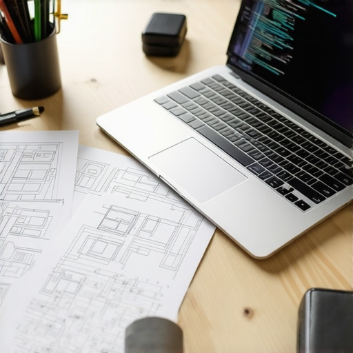 Digitalni inžinjer radi na laptopu okružen tehničkim skicama za AI automatizaciju