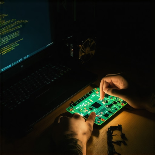 Hands working on AI hardware in a dark workshop environment