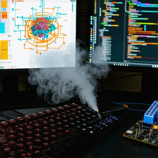 Radni sto sa tastaturom, ekranima koji prikazuju AI kod i alatima za elektroniku