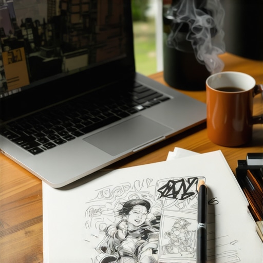 Radni sto sa laptopom i opremom za kreiranje stripova pomoću vještačke inteligencije