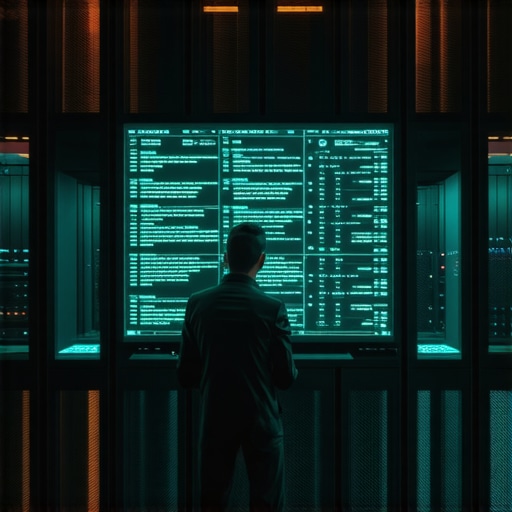 Stručnjak provjerava protok šifriranih podataka u serverskoj sobi.