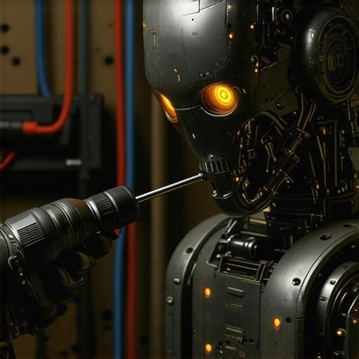 Čovjek podešava unutrašnjost robota odvijačem dok robot emituje toplo narandžasto svjetlo