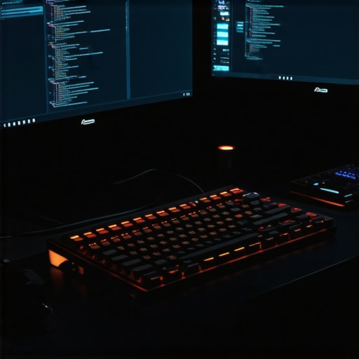 Close-up of a high-tech workshop desk with tools and AI programming interfaces.